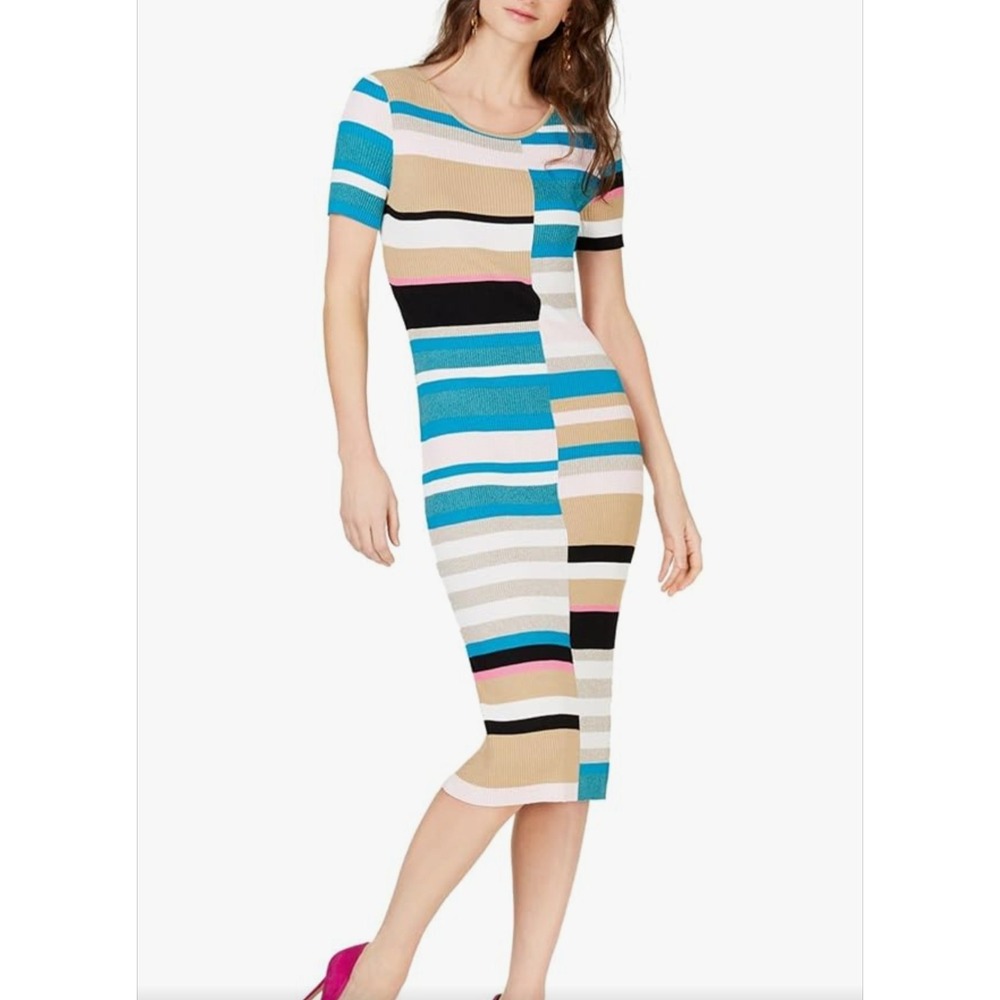 INC Mason Striped Knit Ribbed Bodycon DressMulti Metallic Stretch S Y2K 90s